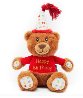 PET London Happy Birthday Bear Dog Toy - Present to Celebrate Dog's Bday or Adoption - Soft Plush Teddy Gift for Dog or Pup with Embroidered Birthday Message, Squeaky, Stylish Great Animal Gift