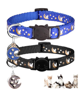 2Pcs Breakaway Cats Collars Cat Collars for Boy Cats Moons Adjustable Kitten Collars with Bell & Pendant Glow in The Dark,Black+Blue