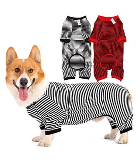 Dog Pajamas Cotton Striped Pup Jumpsuit, Breathable 4 Legs Basic Pjs Shirts for Puppy and Cat, Super Soft Stretchable Dog Jammies for Boys and Girls (XX-Small, Black Red+Black)