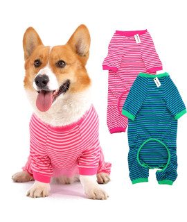 Dog Pajamas Cotton Striped Pup Jumpsuit, Breathable 4 Legs Basic Pjs Shirts for Puppy and Cat, Super Soft Stretchable Dog Jammies for Boys and Girls (X-Small, Pink+Green)