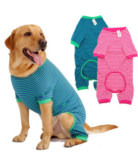 Dog Pajamas Cotton Striped Pup Jumpsuit, Breathable 4 Legs Basic Pjs Shirts for Puppy and Cat, Super Soft Stretchable Dog Jammies for Boys and Girls (XX-Large, Pink+Green)
