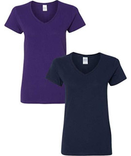 gildan Womens Heavy cotton V-Neck T-Shirt 2-Pack LRg-Purple-Navy