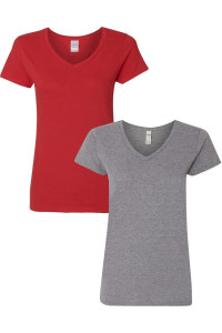 gildan Womens Heavy cotton V-Neck T-Shirt 2-Pack MED-Red-graphite