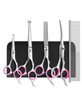 gEMEK Dog grooming Scissors Set, 4cR Stainless Steel Safety Round Tip Pet Professional grooming Tool 5 Pieces Kit - Straight, curved, Thinning Shears & comb for Dogs, cats and Other Animals