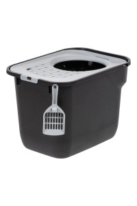 IRIS USA Square Top Entry Cat Litter Box with Scoop, Large Kitty Litter Tray with Litter Catching Lid Less Tracking Dog Proof and Privacy Walls, Black/Gray