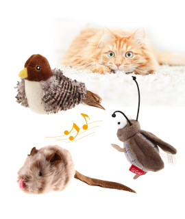 Gigwi Interactive Cat Toy Set, Squeaky Cat Feather Toys for Indoor Cats, 3PCS Cat Plush Toy Pack Including Mouse Hunt Cat Toy, Cat Chase Bird Toy, Cat Chirping Cricket Toy