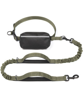 iYoShop Hands Free Dog Leash with Zipper Pouch, Dual Padded Handles and Durable Bungee for Walking, Jogging and Running Your Dog (Large, 25-120 lbs, Military Green)