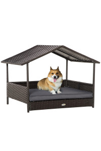 PawHut Wicker Dog House Elevated Raised Rattan Bed for Indoor/Outdoor with Removable Cushion Lounge, Grey