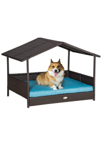 PawHut Wicker Dog House Elevated Raised Rattan Bed for Indoor/Outdoor with Removable Cushion Lounge, Blue
