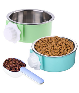 Mechpia 2 Pieces Crate Dog Bowl, Removable Stainless Steel Pet Kennel Hanging Food Water Feeder Bowl Cage Coop Cup with Spoon for Puppy Medium Dog Cat Rabbit Ferret Bird