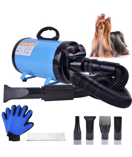 Dog Dryer, High Velocity Dog Hair Dryer, Dog Blow Dryer - Groomer Partner Pet Blower Grooming Force Dryer with Heater, Stepless Adjustable Speed, 4 Different Nozzles, Comb & Pet Grooming Glove (Blue)
