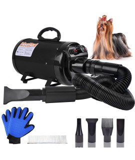 Dog Dryer, High Velocity Dog Hair Dryer, Dog Blow Dryer - Groomer Partner Pet Blower Grooming Force Dryer with Heater, Stepless Adjustable Speed, 4 Different Nozzles, Comb & Pet Grooming Glove (Black)