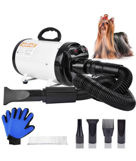 Dog Dryer, High Velocity Dog Hair Dryer, Dog Blow Dryer - Groomer Partner Pet Blower Grooming Force Dryer with Heater, Stepless Adjustable Speed, 4 Different Nozzles, Comb & Pet Grooming Glove (White)