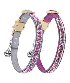 Faleela Cat Collar Breakaway with Bells - 2 Pack Bling Rhinestone cat Collar, Soft Microfiber Leather Safe Adjustable Shing Collar, for Cats and Puppy Girl Boy (7.5-11, Gray+Purple)