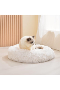 Gavenia Cat Beds, 23.6''x23.6'' Washable Donut Bed, Plush Cushion, Waterproof Bottom, Calming & Self-Warming, White.