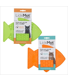 Lickimat Casper & Felix, Fish-Shaped Cat Slow Feeders Lick Mat, Boredom Anxiety Reducer; Perfect for Food, Treats and Anxiety Reduction. (Green & Orange, Casper & Felix)