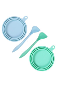 SLSON 2 Pack Pet Food Can Cover Universal Silicone Cat Dog Food Can Lids 1 Fit 3 Standard Size Can Tops with 2 Spoons,Light Blue and Green