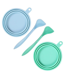 SLSON 2 Pack Pet Food Can Cover Universal Silicone Cat Dog Food Can Lids 1 Fit 3 Standard Size Can Tops with 2 Spoons,Light Blue and Green