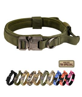 KCUCOP Tactical Dog Collar with Handle,Adjustable Military Dog Collar with Metal Buckle and Patches,Heavy Duty Dog Collars for Medium and Large Dogs (Militarygreen-L)