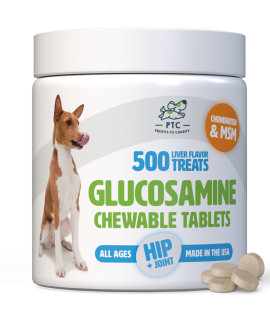 Glucosamine for Dogs with Chondroitin and MSM - Hip and Joint Supplement for Dog Mobility Support and Arthritis Pain Relief - 500 Chewable Tablet Treats by PTC - Profits to Charity