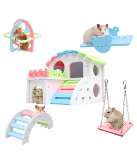 Syrian Hamster Toys Set, Improved Version 8.7 IN Large Hamster House, Wooden Gerbil Hideout, Small Animals Seesaw, Guinea Pig Sport Exercise Toys, Rainbow Bridge, Swing, Dwarf Hamster Cage Accessories