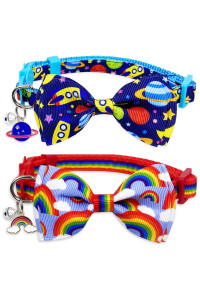 Pohshido 2 Pack Cat Collar with Bow Tie and Bell, Kitty Kitten Space and Rainbow Breakaway Collar for Males Females Boys and Girls Cats (Rainbow+Space)