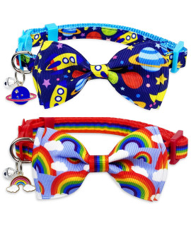 Pohshido 2 Pack Cat Collar with Bow Tie and Bell, Kitty Kitten Space and Rainbow Breakaway Collar for Males Females Boys and Girls Cats (Rainbow+Space)