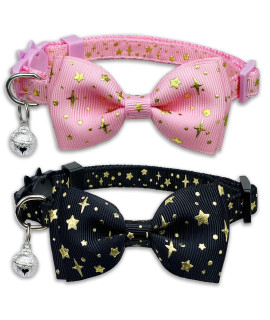 2 Pack Cat Collar with Bow Tie and Bell, Kitty Kitten Starshine Collar Breakaway Collar for Males Females Boys and Girls Cats (Pink+Black)