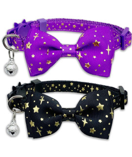 2 Pack Cat Collar with Bow Tie and Bell, Kitty Kitten Starshine Collar Breakaway Collar for Males Females Boys and Girls Cats (Black+Purple)
