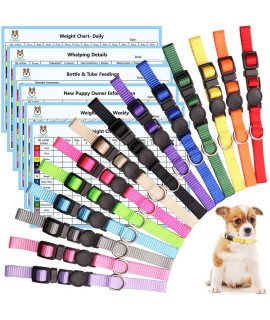 14 PCS Puppy Collars for Litter Puppy ID Collars Whelping Puppy Collars Safety Buckle Soft Nylon Breakaway Collars with 6 Record Keeping Charts(S)