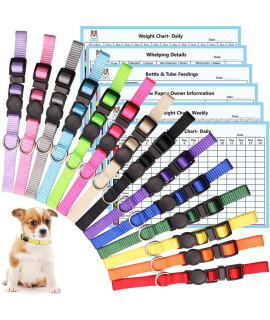 14 PCS Puppy Collars for Litter Puppy ID Collars Whelping Puppy Collars Safety Buckle Soft Nylon Breakaway Collars with 6 Record Keeping Charts(M)