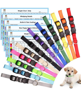 12 PCS Puppy Collars for Litter Puppy ID Collars Whelping Puppy Collars Safety Buckle Soft Nylon Breakaway Collars with 6 Record Keeping Charts(S)