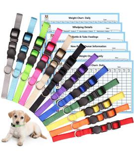 12 PCS Puppy Collars for Litter Puppy ID Collars Whelping Puppy Collars Safety Buckle Soft Nylon Breakaway Collars with 6 Record Keeping Charts(M)