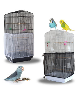 Daoeny 2Pcs Bird Cage Cover, Adjustable Soft Airy Nylon Mesh Parrot Net, Universal Feather Seed Catcher, Birdcage Cover Skirt Sheer Guard for Round Square Bird Cages (White +Black)
