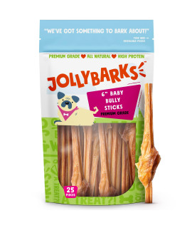 Jolly Barks 6 Baby Bully Sticks for Small Dogs All Natural Single Ingredient Dog Treat Beef Baby Bully Sticks for Puppies Teething (25 Ct)