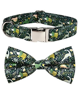 JIUJIA Jungle Dinosaur Dog Bow Tie Dog Collar Accessory, Detachable Bowtie, Adjustable Collar for Small Medium Large Dogs L (14-21inch)