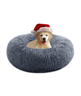Dog Beds for Medium Dogs, Anti Anxiety Donut Dog Bed, Round Calming Dog Bed for Puppy, Plush Faux Fur Dog Bed, Fluffy Dog Bed, Soft Fuzzy Pet Bed, Machine Washable, 23x23inch Darkgrey