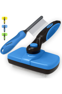 BORUHOLI Self-Cleaning Slicker Dog/Cat Brush and Comb Kit,Cat/Dog Brush and Comb for Shedding and Grooming Long/Short Hair and Large/Small Dogs, Cats, Rabbits, Pets - Dematting Comb. (Blue)
