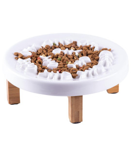 Pet Food Bowls:Cat Slow Feeder Bowl Dog Ceramic Plate with Wood Stand (Large 8.5inch)
