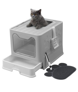 UIMNJHUKE Foldable Cat Litter Box with Lid, Extra Large Covered Cat Litter Box with Litter Mat and Scoop, Easy to Clean Litter Pan, Enclosed Kitty Litter Box(Grey)