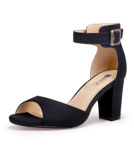 IDIFU Womens candie-MI Peep Toe Low Block Heels Sandals Ankle Strap comfy chunky Wedding Dress Shoes (Black Nubuck, 11 M US)