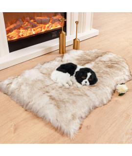 Asrug Soft Faux Fur Pet Mat Plush and Fluffy Ultra Cozy Pet Throw Rug for Dogs Cats, Luxury Soft Faux Sheepskin Chair Cover Seat Pad Shag Fur Area Rugs for Bedroom, 24 by 36 inches (Brown&White)