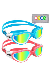 OMID Kids Swim goggles, 2 Packs P2 comfortable Polarized Unisex-child Swimming goggles, Anti-Fog No Leaking Swim goggles for children with UV Protection Age 6-14 (Blue gold+Pink gold)
