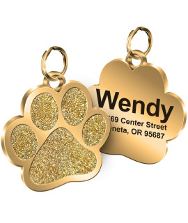 Personalized Engrave Pet ID Tags Paw Shape custom glitter Pet Supplies Engrave Name Number Elegant Plated Unique gift for cats Little Dogs (gold)