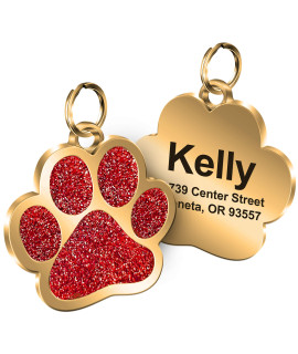 Personalized Engrave Pet ID Tags Paw Shape Custom Glitter Pet Supplies Engrave Name Number Elegant Plated Unique Gift for Cats Little Dogs (Red)