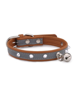 THUMBERLY Cat Collar with Bell - Reflective and Adjustable PU Leather Rivets Studded Sturdy Metal Buckle for Kitten Small Pets Puppy - Brown