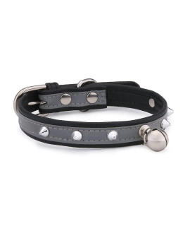 THUMBERLY Cat Collar with Bell - Reflective and Adjustable PU Leather Rivets Studded Sturdy Metal Buckle for Kitten Small Pets Puppy - Black