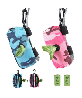 Poop Bag Holder 2 Pack - Dog Poop Bag Dispenser for Leash - Dog Waste Bag Holder for Leash attachment Protable,2 Lock Zipper,Large Capacity,600D Durable Fabric,Doggy Poop Bags Holder,Camo Pink Blue