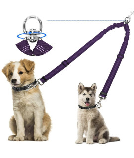 Kelivi Double Dog Lead coupler, No Tangle 360ASwivel Rotation Two 2 Dog Lead Splitter, Heavy Duty Adjustable Bungee Reflective Dual Dog Leash for Walking Puppy Small Medium Large Dog (Purple)