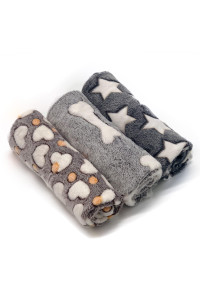 1 Pack 3 Puppy Blankets Super Soft Warm Sleep Mat Grey Cute Print Fluffy Fleece Pet Flannel Throw Dog Blankets for Small Dogs Cats,Star&Bone&Love- Small (23x15)